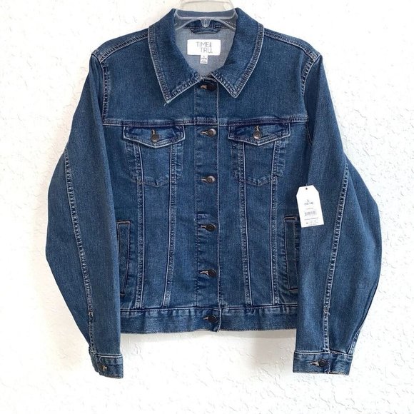Time And Tru Denim Jean Jacket NEW Womens Large Stretch Buttons Pockets Boho - Picture 2 of 14